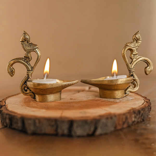 Peacock Diya Brass lamp (Set of 2) - Pooja Decor - Crafts N Chisel - Indian Home Decor USA