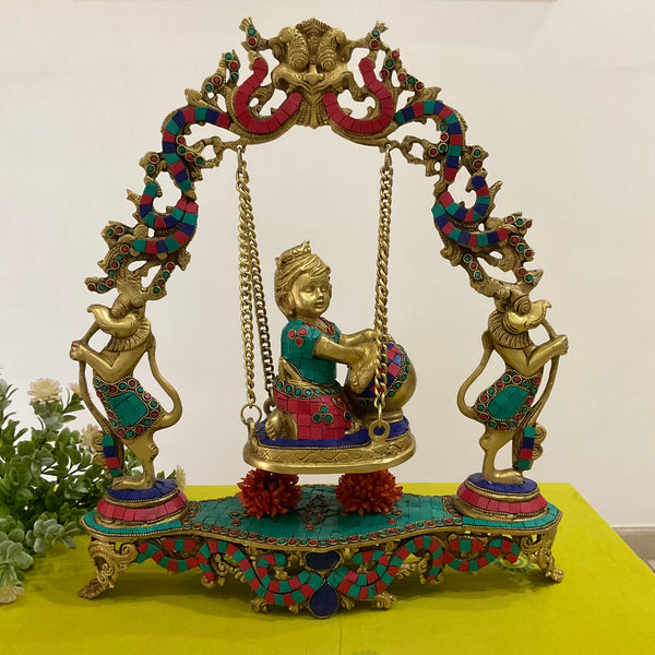 Baby Krishna Swing Yali Decorative Brass Idol Statue - Crafts N Chisel - Indian Home Decor USA