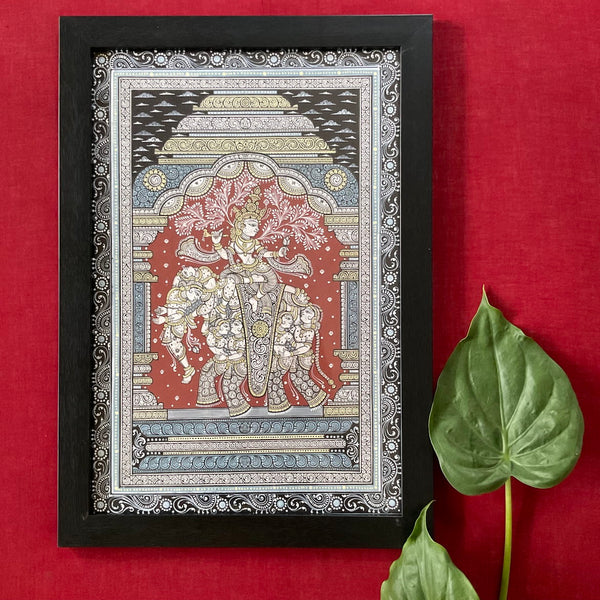 Krishna On Elephant Pattachitra Painting Framed, Handpainted Wall Decor - Crafts N Chisel - Indian Home Decor USA