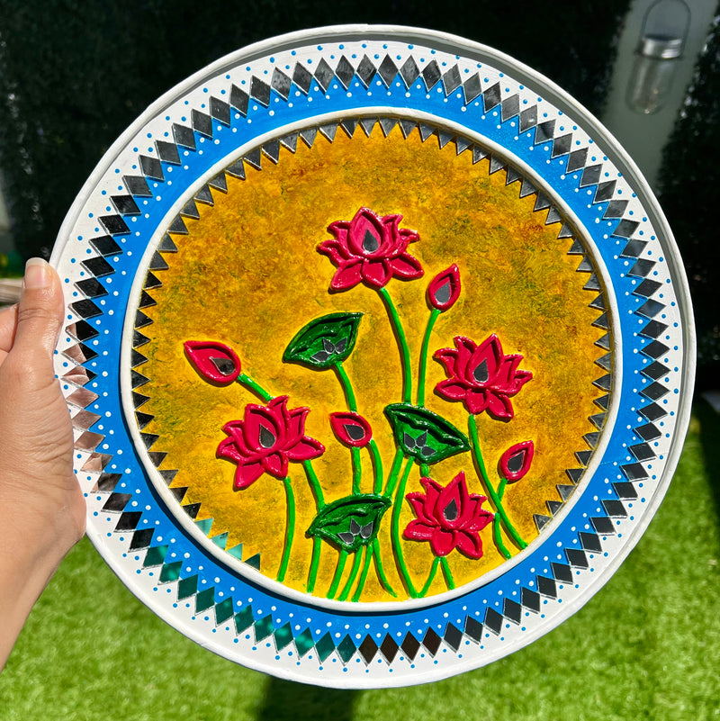 12 Inches Lotus Lippan Art Wall Hanging - Clay Mirror Wall Decor - Crafts N Chisel - Indian Home Decor USA