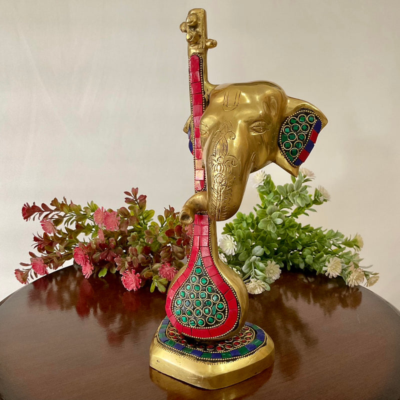 Ganesha With Veena Brass Idol - Ganpati Decorative Statue for Home Decor - Crafts N Chisel - Indian Home Decor USA