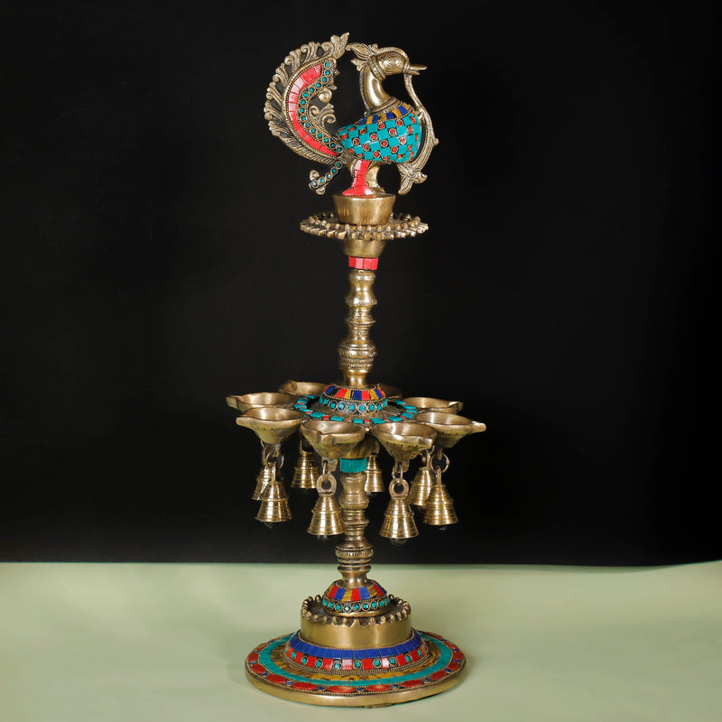22 Inches Handmade Standing Brass Diya Lamp With Stonework (Set of 2) - Antique finish - Crafts N Chisel - Indian Home Decor USA