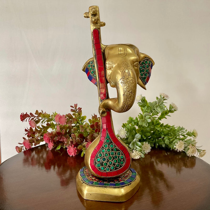 Ganesha With Veena Brass Idol - Ganpati Decorative Statue for Home Decor - Crafts N Chisel - Indian Home Decor USA