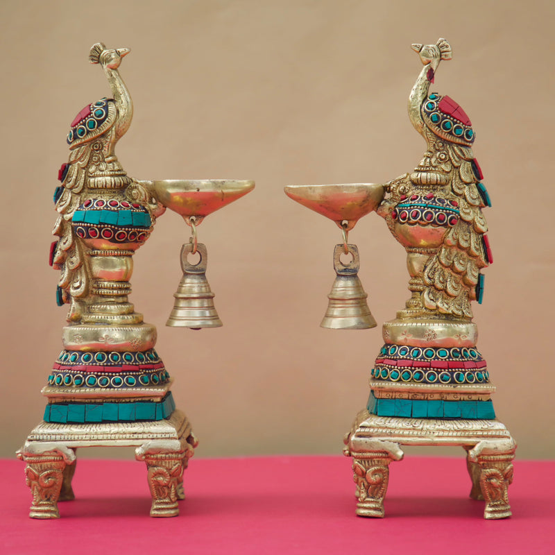 Sitting Peacock Diya & Bell (Set of 2) - Handmade Brass Stonework Oil lamp - Crafts N Chisel - Indian Home Decor USA