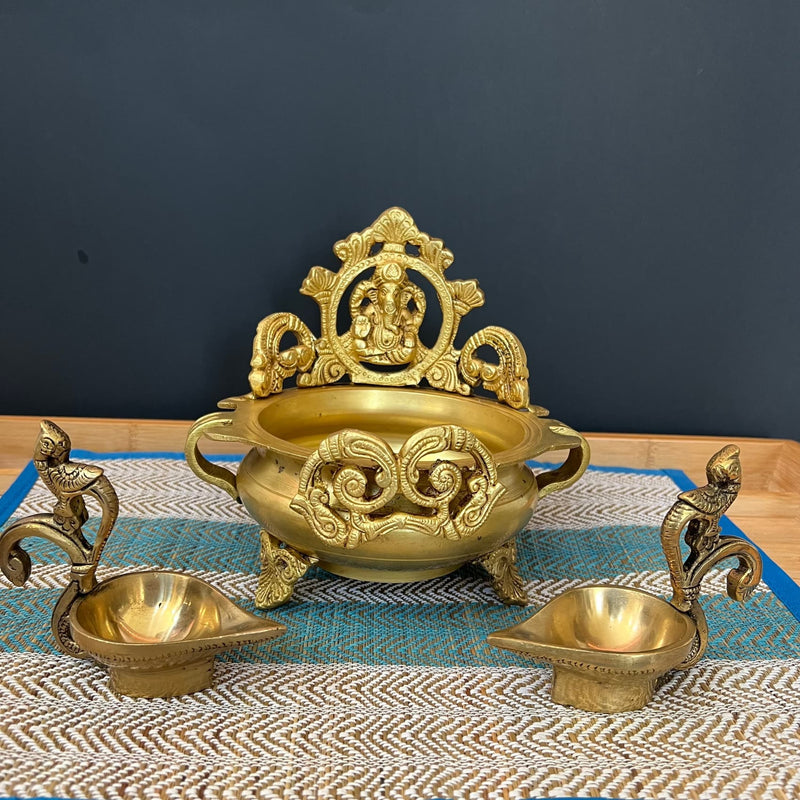 Brass Urli With Lord Ganesha And Peacock Diya Set of 3 - Crafts N Chisel - Indian Home Decor USA