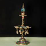 22 Inches Handmade Standing Brass Diya Lamp With Stonework (Set of 2) - Antique finish - Crafts N Chisel - Indian Home Decor USA