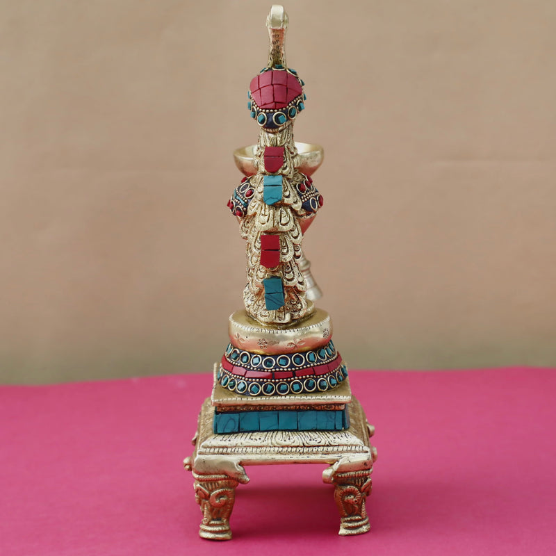 Sitting Peacock Diya & Bell (Set of 2) - Handmade Brass Stonework Oil lamp - Crafts N Chisel - Indian Home Decor USA