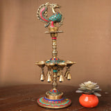 22 Inches Handmade Standing Brass Diya Lamp With Stonework (Set of 2) - Antique finish - Crafts N Chisel - Indian Home Decor USA
