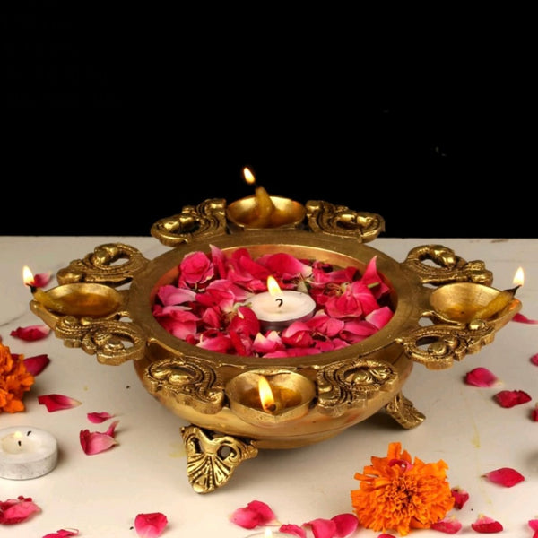 Brass Urli With Diya - Urli Bowl For Flower Lamp Decor - Crafts N Chisel - Indian Home Decor USA