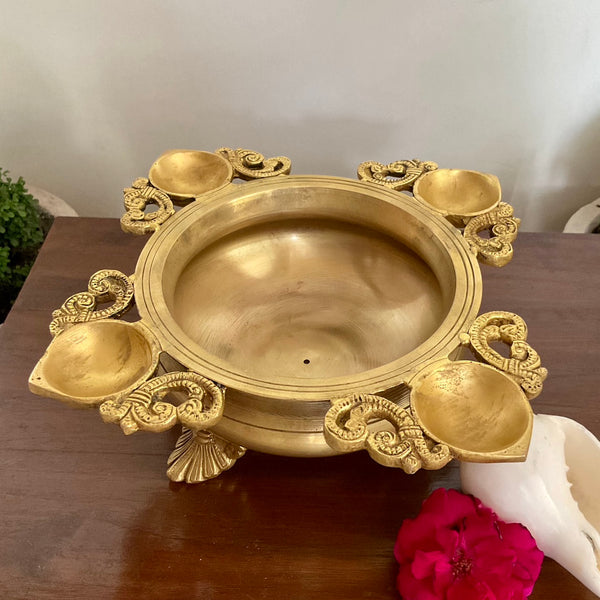 Brass Urli With Diya - Urli Bowl For Flower Lamp Decor - Crafts N Chisel - Indian Home Decor USA