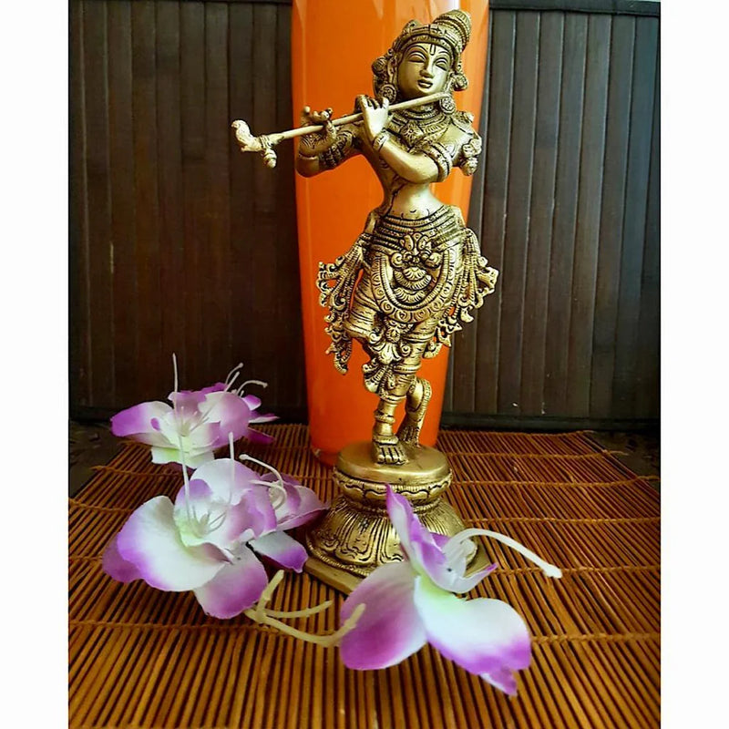 10 Inches Lord Krishna Idol And 8 Inches Brass Urli Festive Home Decor - Crafts N Chisel - Indian Home Decor USA