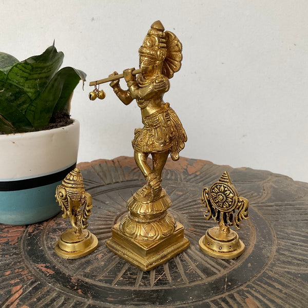 6 Inch Lord Krishna Brass Idol And Shanku Chakra Home Decor - Pooja murti - Crafts N Chisel - Indian Home Decor USA