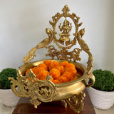 Goddess Lakshmi Peacock Brass Urli For Home Decor With 2 Free Marigold Garlands - Crafts N Chisel - Indian Home Decor USA