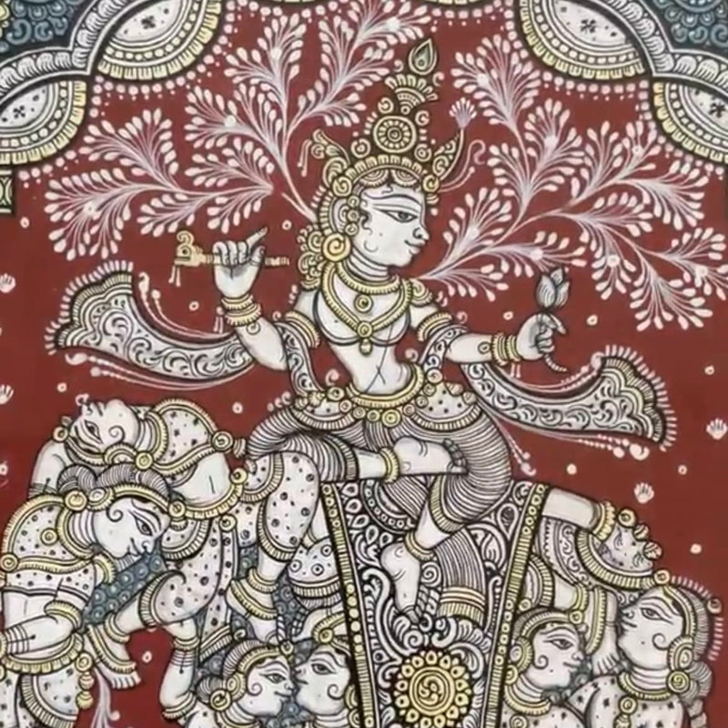 Krishna On Elephant Pattachitra Painting Framed, Handpainted Wall Decor - Crafts N Chisel - Indian Home Decor USA