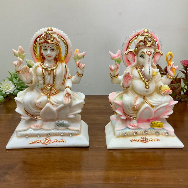 6 Inches Lakshmi Ganesha Marble Dust & Resin Idol - Hindu God Statue - Decorative Murti - Crafts N Chisel - Indian Home Decor USA