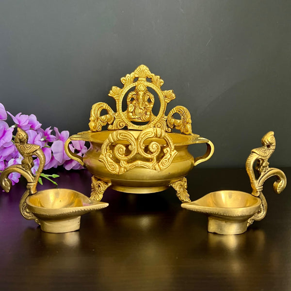 Brass Urli With Lord Ganesha And Peacock Diya Set of 3 - Crafts N Chisel - Indian Home Decor USA