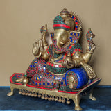 16 Inches Sitting Lord Ganesh Brass Idol - Handcrafted Stonework Inlay - Ganpati Decorative Statue for Home Decor - Crafts N Chisel - Indian Home Decor USA