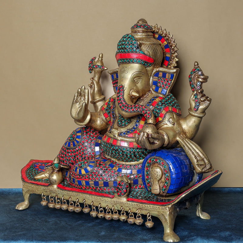 16 Inches Sitting Lord Ganesh Brass Idol - Handcrafted Stonework Inlay - Ganpati Decorative Statue for Home Decor - Crafts N Chisel - Indian Home Decor USA