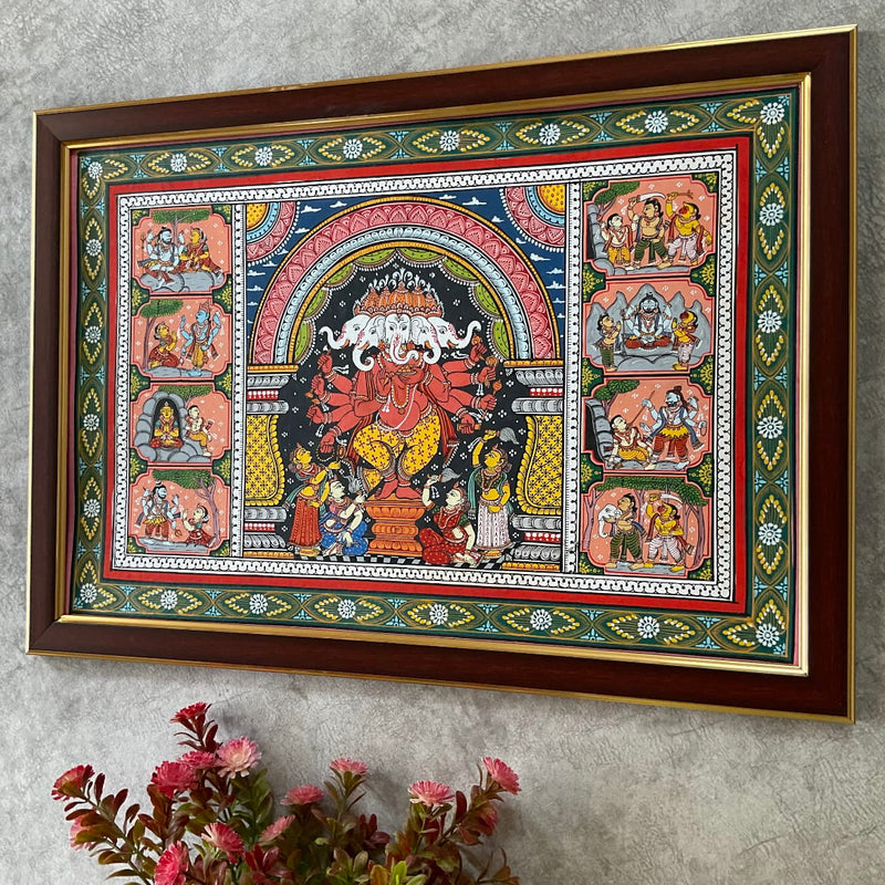 Punchmukhi Ganesha Pattachitra Painting Framed, Handpainted Wall Decor - Crafts N Chisel - Indian Home Decor USA