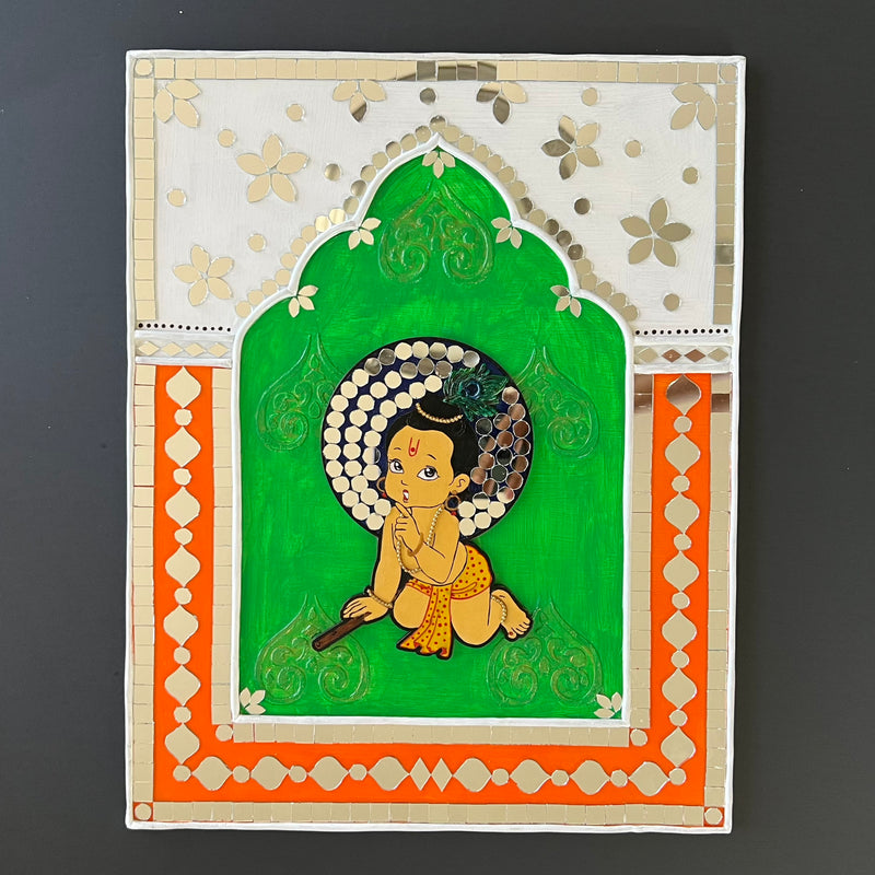 14 Inches Baby Krishna Lippan Art Wall Hanging - Clay Mirror Wall Decor - Crafts N Chisel - Indian Home Decor USA