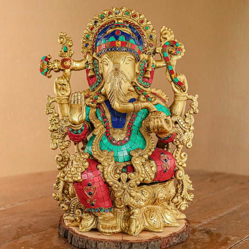 16 Inches Lord Ganesh Brass Idol Stonework - handcrafted Ganpati Decorative Statue for Home Decor - Housewarming Gift - Crafts N Chisel - Indian Home Decor USA