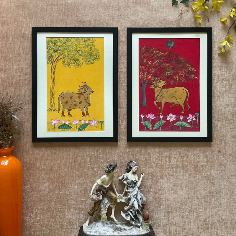 Cow Pichwai Painting (Set of 2) - Handpainted Wall Decor - Crafts N Chisel - Indian Home Decor USA