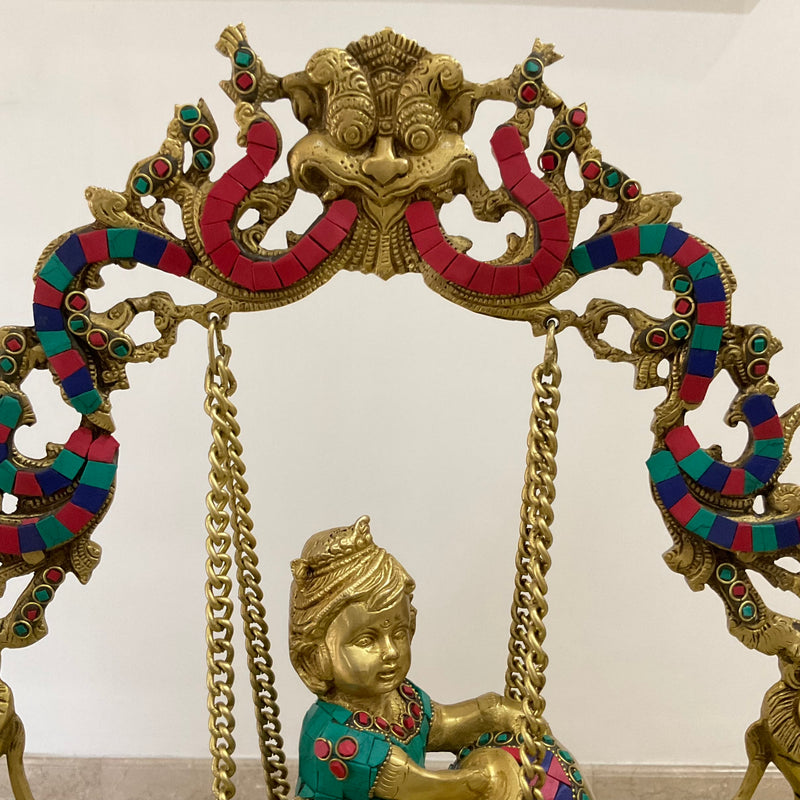 Baby Krishna Swing Yali Decorative Brass Idol Statue - Crafts N Chisel - Indian Home Decor USA