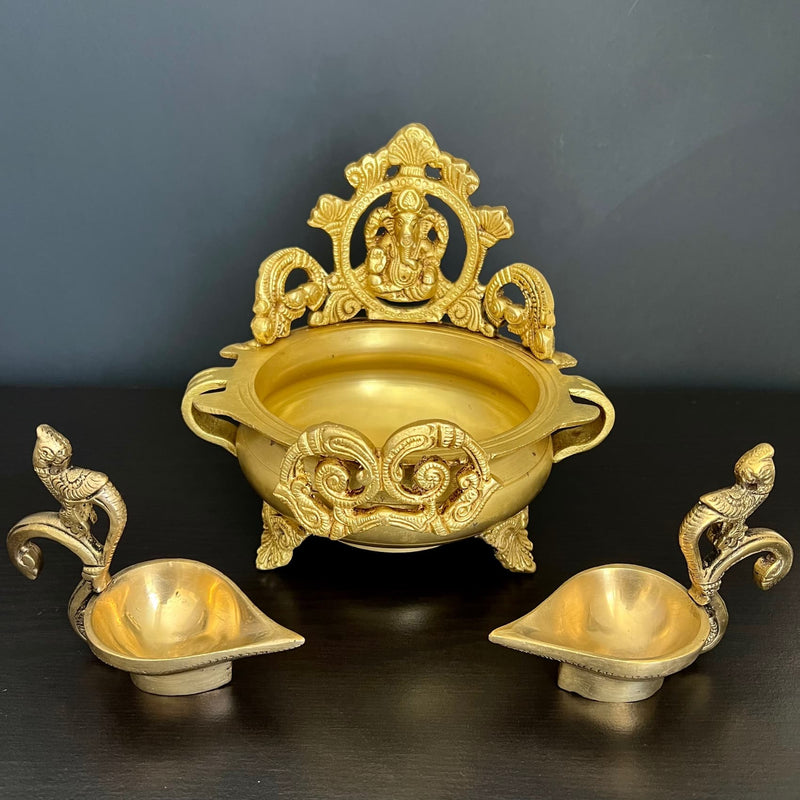 Brass Urli With Lord Ganesha And Peacock Diya Set of 3 - Crafts N Chisel - Indian Home Decor USA