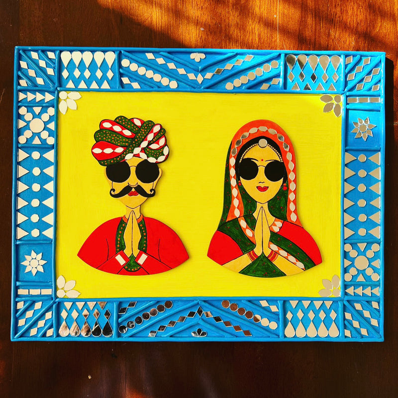 Welcome Couple Lippan Art Wall Hanging - Clay Mirror Wall Decor - Crafts N Chisel - Indian Home Decor USA