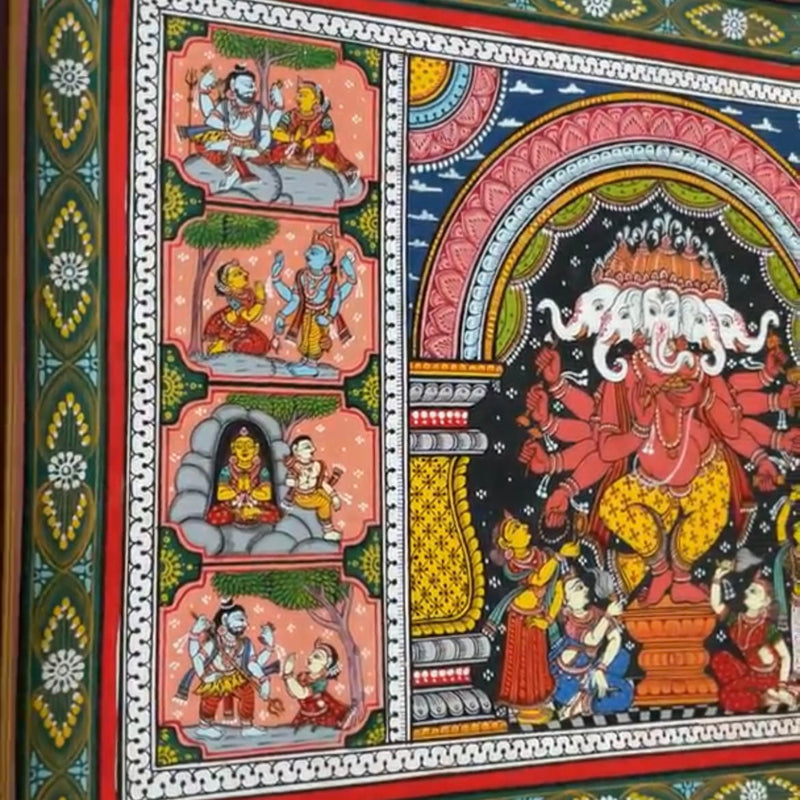Punchmukhi Ganesha Pattachitra Painting Framed, Handpainted Wall Decor - Crafts N Chisel - Indian Home Decor USA