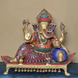 16 Inches Sitting Lord Ganesh Brass Idol - Handcrafted Stonework Inlay - Ganpati Decorative Statue for Home Decor - Crafts N Chisel - Indian Home Decor USA
