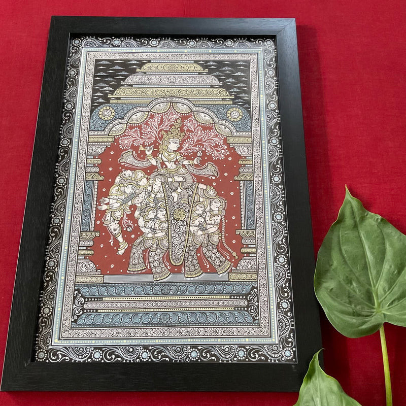 Krishna On Elephant Pattachitra Painting Framed, Handpainted Wall Decor - Crafts N Chisel - Indian Home Decor USA