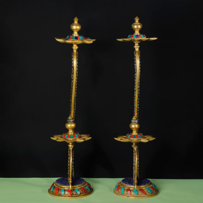 20 Inches Handmade Standing Brass Diya Lamp With Stonework (Set of 2) - Crafts N Chisel - Indian Home Decor USA