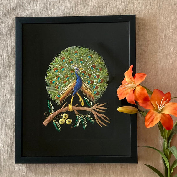 Dancing Peacock Zardozi Embroidered Handmade Painting - Handpainted Wall Decor - Crafts N Chisel - Indian Home Decor USA