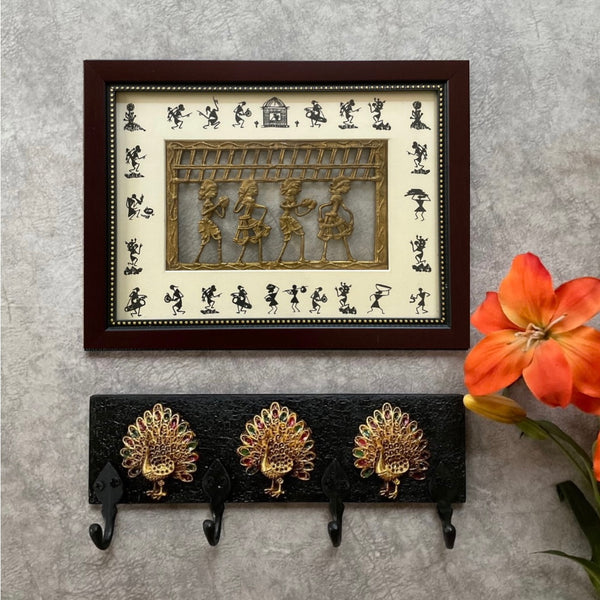 Dhokra Warli Wall Hanging & Peacock Key Holder (set of 2) - Wall Decor Hanging - Crafts N Chisel - Indian Home Decor USA