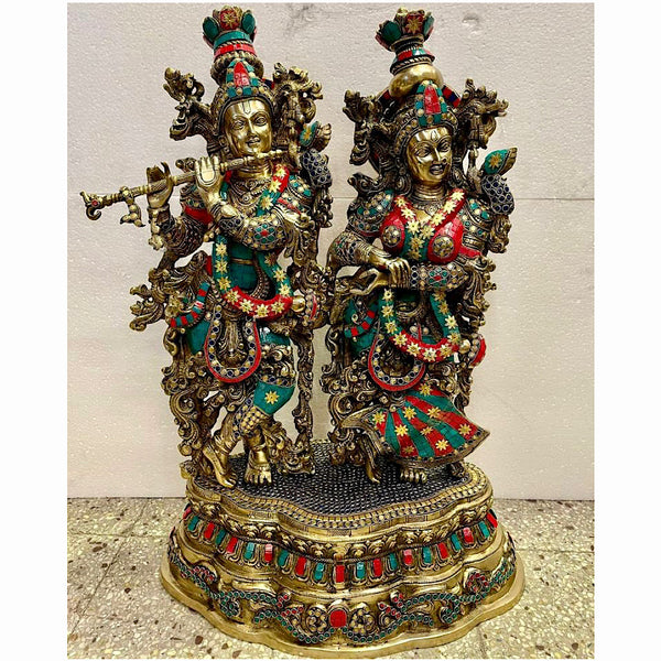29 Inches Radha Krishna Brass Stonework Statue - Crafts N Chisel - Indian Home Decor USA