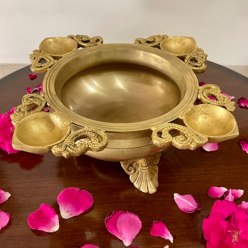 Brass Urli With Diya - Urli Bowl For Flower Lamp Decor - Crafts N Chisel - Indian Home Decor USA
