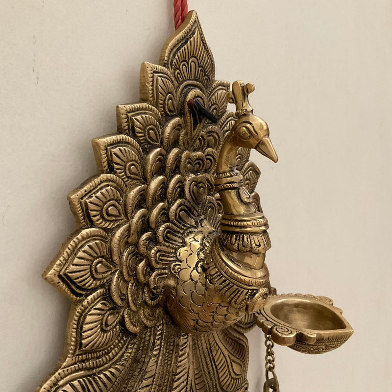 17.5 Inch Peacock Wall Hanging Diya Bell - Brass Decor - Crafts N Chisel - Indian Home Decor USA