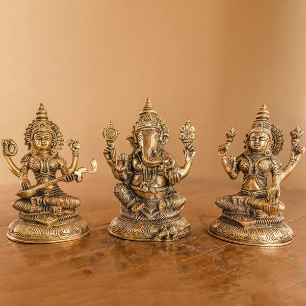8 Inches Lakshmi Ganesh Saraswati Brass Idol - Decorative Home Decor - Crafts N Chisel - Indian Home Decor USA