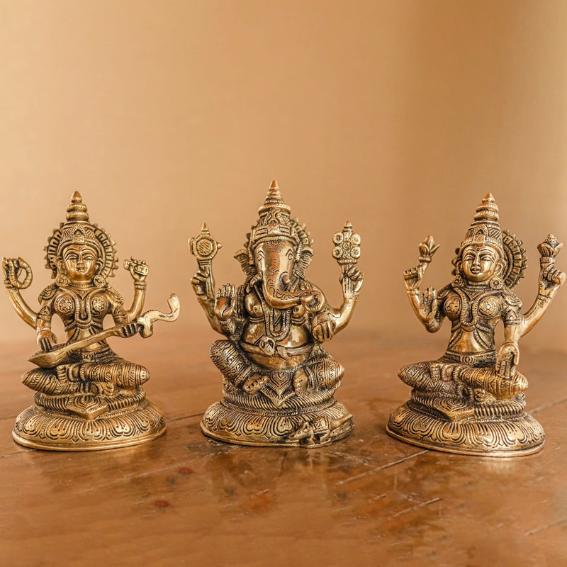 8 Inches Lakshmi Ganesh Saraswati Brass Idol - Decorative Home Decor - Crafts N Chisel - Indian Home Decor USA