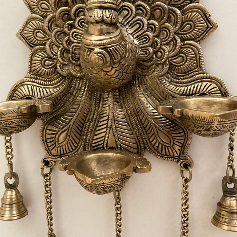 17.5 Inch Peacock Wall Hanging Diya Bell - Brass Decor - Crafts N Chisel - Indian Home Decor USA