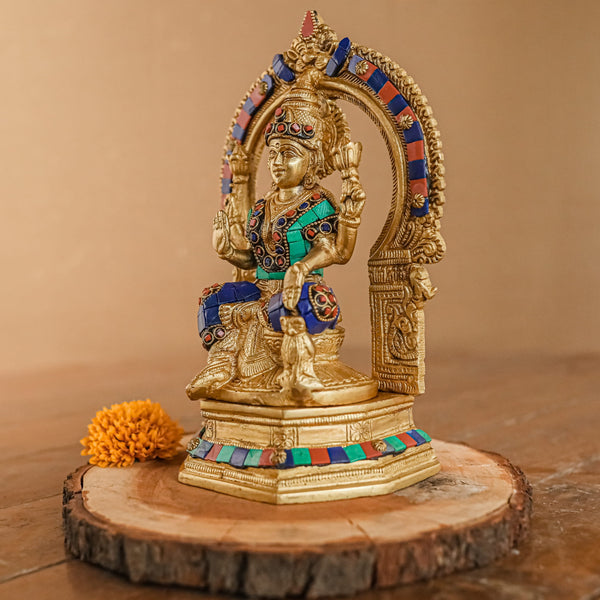 Goddess Laxmi Brass Stonework Idol With Yali Prabahavali - Pooja Murti - Goddess of Fortune, Wealth, Prosperity - Crafts N Chisel - Indian Home Decor USA