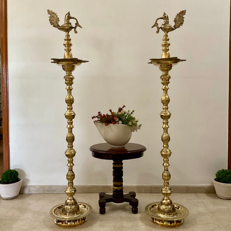 5 Feet Annapakshi Nilavilakku (Set of 2) - Handmade Brass lamp - Decorative Decor - Crafts N Chisel - Indian Home Decor USA