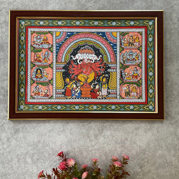 Punchmukhi Ganesha Pattachitra Painting Framed, Handpainted Wall Decor - Crafts N Chisel - Indian Home Decor USA