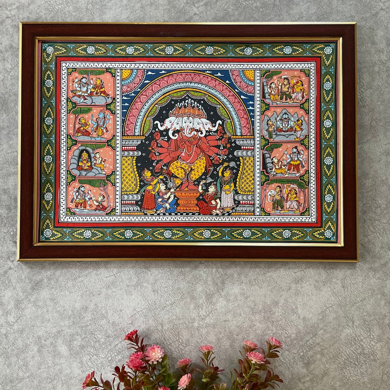 Punchmukhi Ganesha Pattachitra Painting Framed, Handpainted Wall Decor - Crafts N Chisel - Indian Home Decor USA