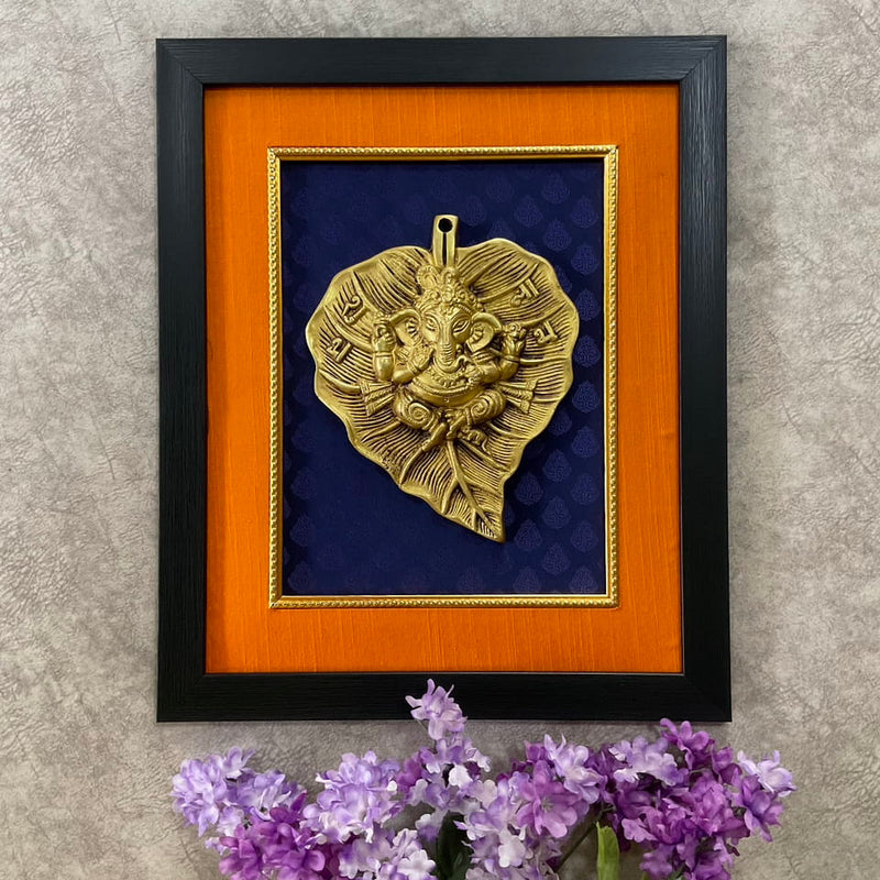 Brass Ganesha On Leaf With Frame Divine Wall Hanging - Crafts N Chisel - Indian Home Decor USA