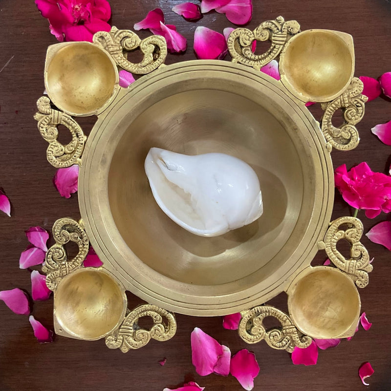 Brass Urli With Diya - Urli Bowl For Flower Lamp Decor - Crafts N Chisel - Indian Home Decor USA