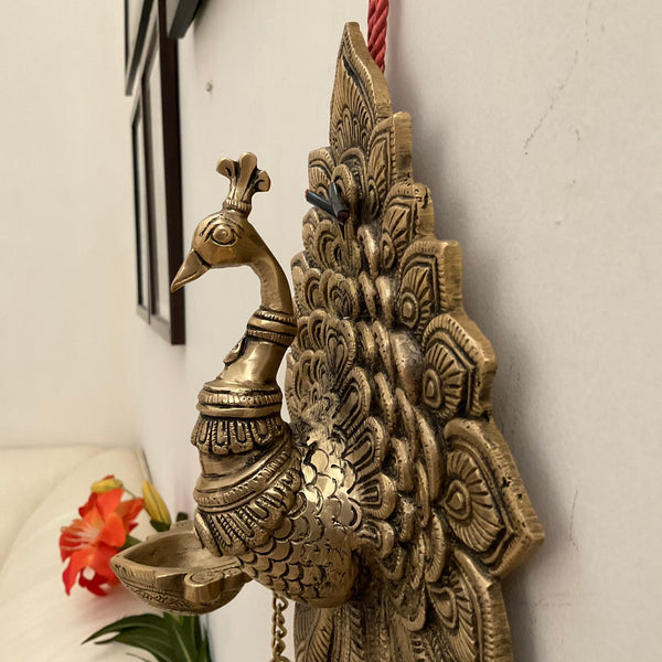 17.5 Inch Peacock Wall Hanging Diya Bell - Brass Decor - Crafts N Chisel - Indian Home Decor USA