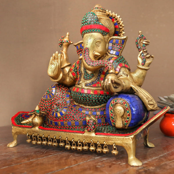 16 Inches Sitting Lord Ganesh Brass Idol - Handcrafted Stonework Inlay - Ganpati Decorative Statue for Home Decor - Crafts N Chisel - Indian Home Decor USA