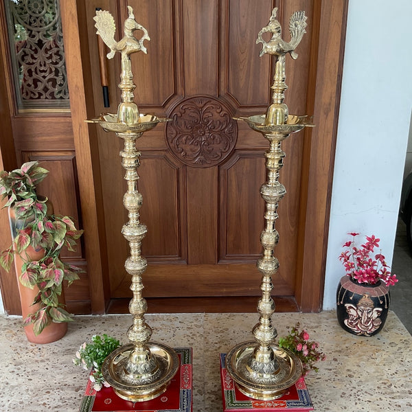 4 Feet - 48 Inches Annapakshi Nilavilakku (Set of 2) - Kuthu Vilakku Brass lamp - Decorative Decor - Crafts N Chisel - Indian Home Decor USA